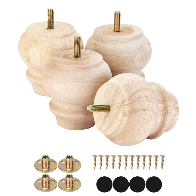 Maricome 3 Inch Unfinhsed Bun Feet Predrilled M8 Bolt Replacement Legs Couch Ottoman Sofa Wood Furniture Legs Set of 4 Screw in - Image 2